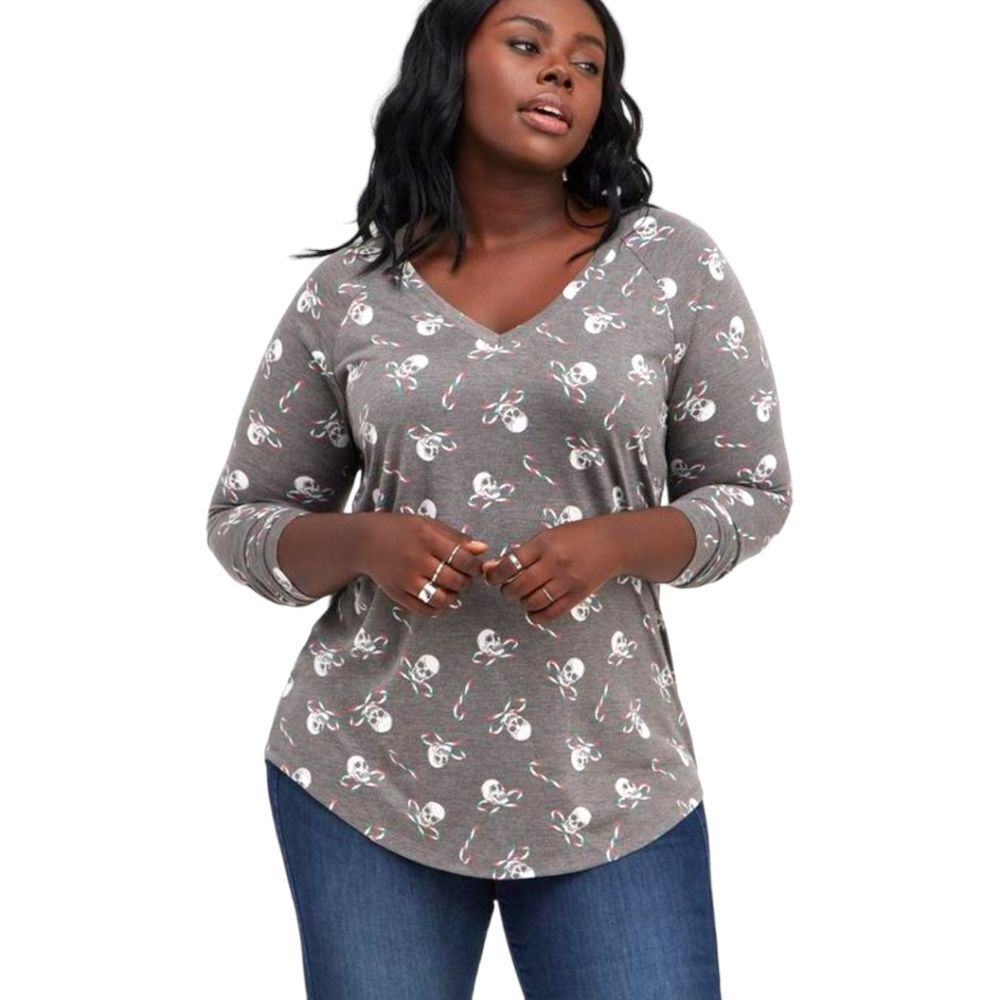 Torrid Plus Size - Raglan Longsleeve Tee- Skull,Candycane Heather Gray